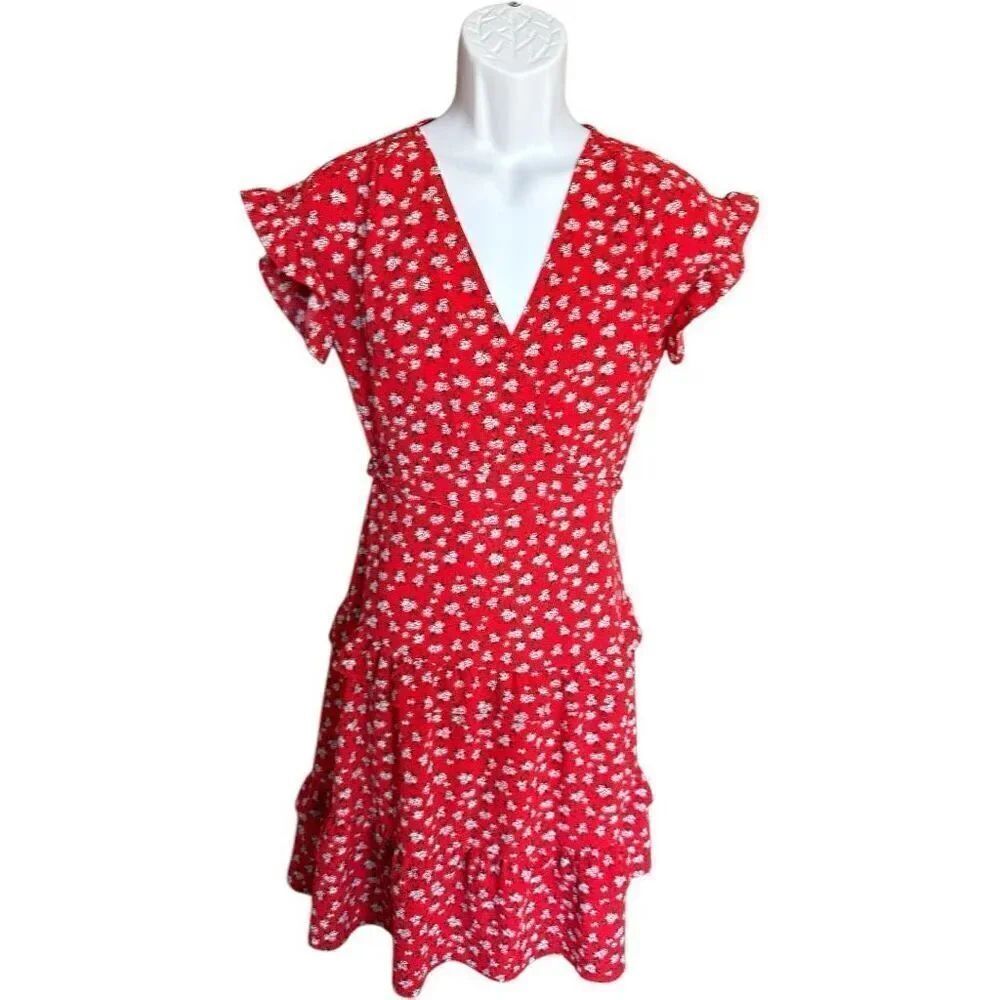 Womens Anthropologie Monteau V Neck Red Floral Print Tie Waist Dress - Sz S
